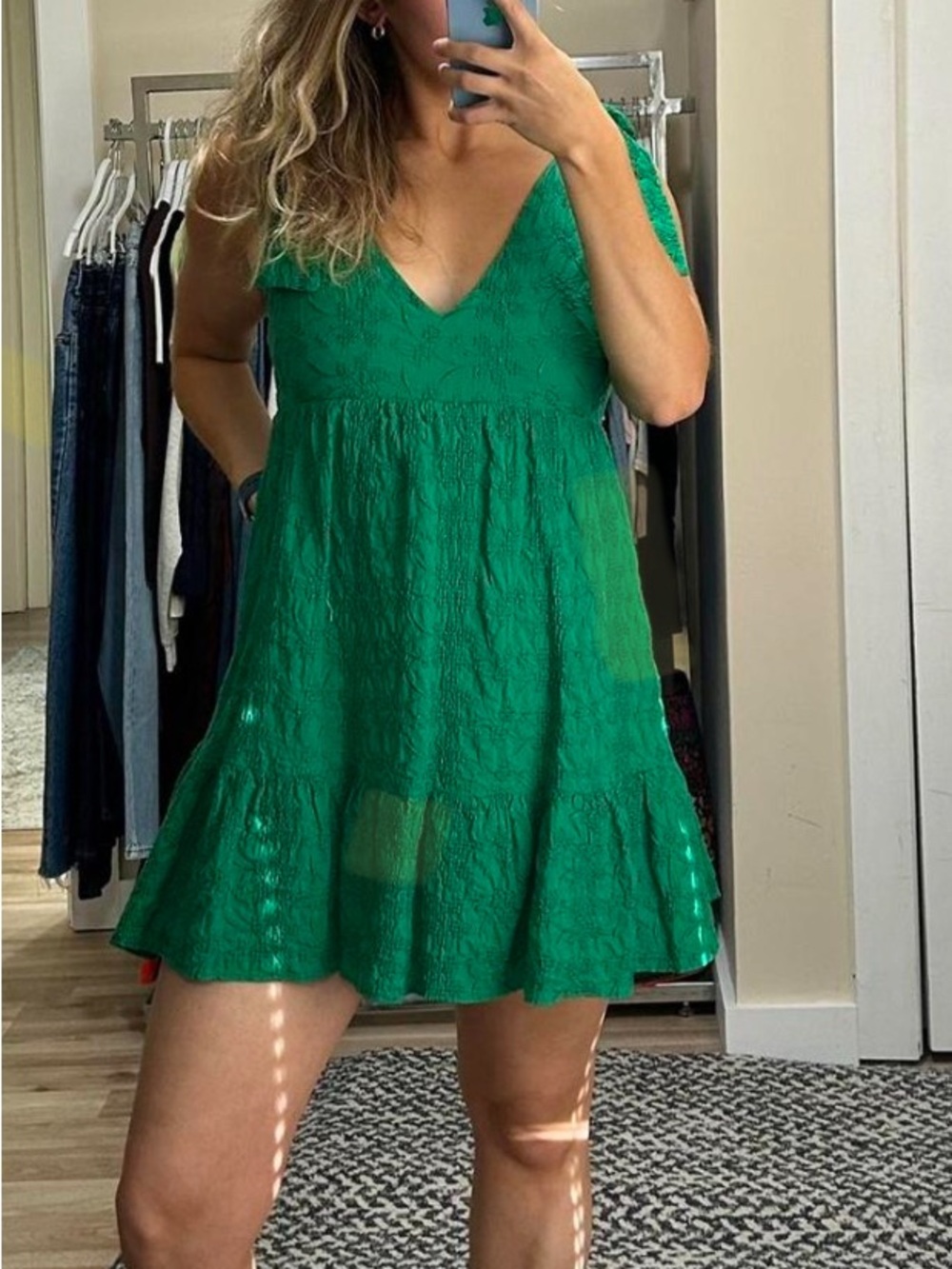 Zara Green Lace Textured Embroidery Cotton V-Neck Dress